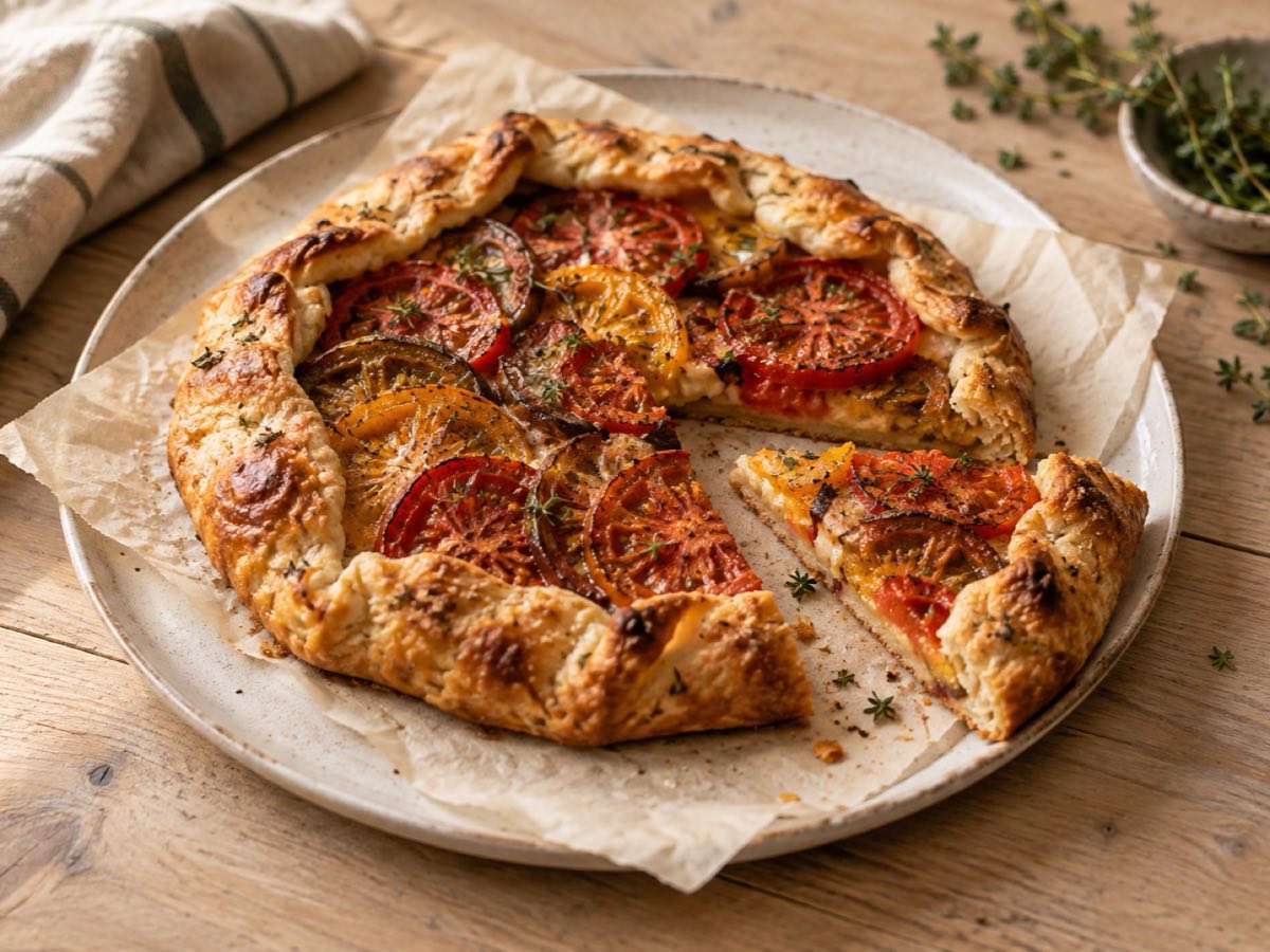 A tomato galette on parchment, one slice cut, with thyme scattered around the plate.