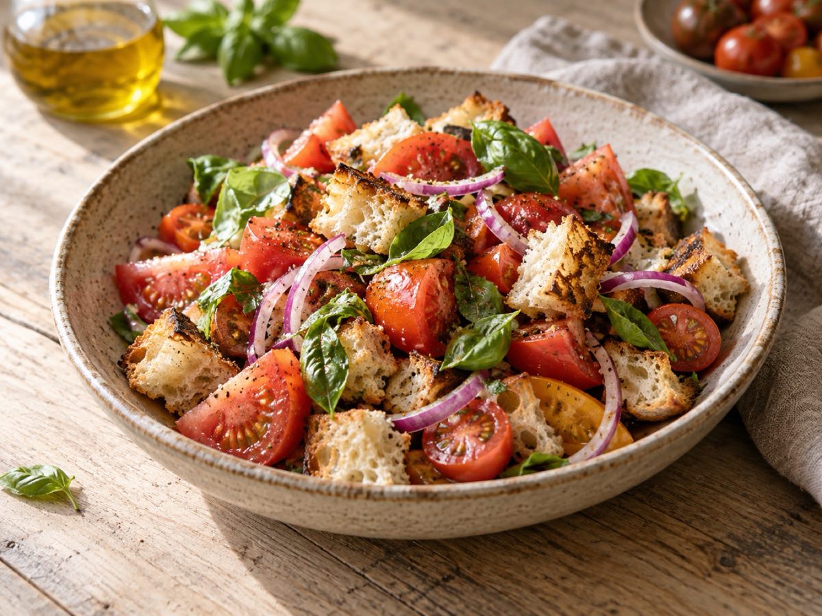 A bowl of panzanella with torn bread, tomatoes and basil.