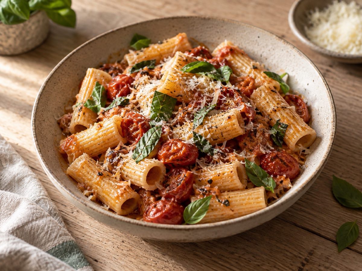 Rigatoni with roasted tomatoes, basil and grated cheese in a shallow bowl.