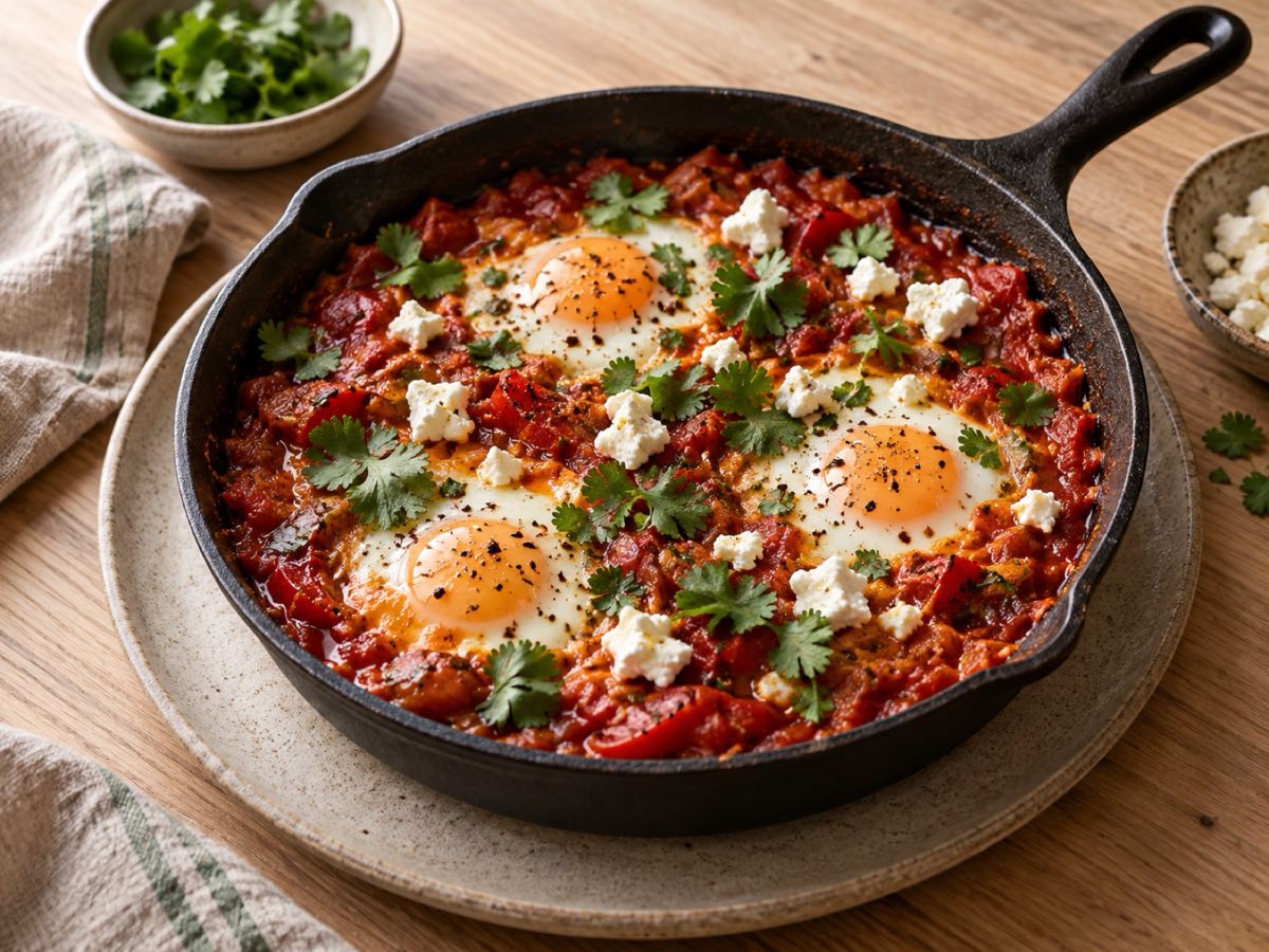 Shakshuka in a cast-iron pan, with eggs baked into spiced tomatoes and scattered feta.
