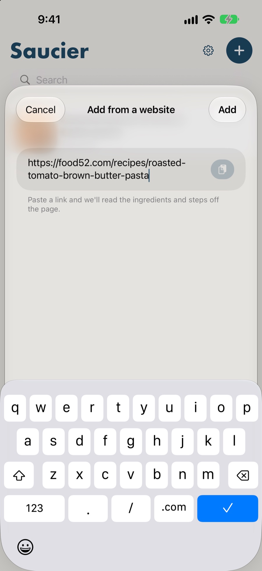 Saucier's Add from a website sheet with a recipe URL ready to save.