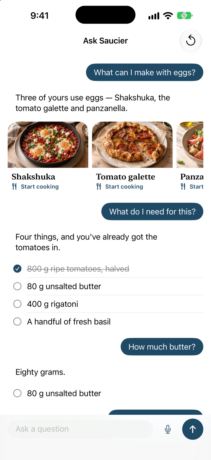 The Ask Saucier chat answering “What can I make with eggs?” with recipe cards, and a tickable ingredient list in reply to “What do I need for this?”
