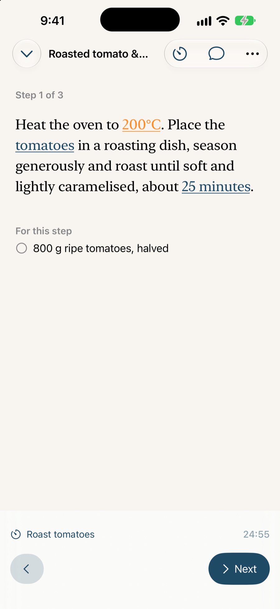 Saucier's cook mode showing a recipe step, a running timer and the Next control.