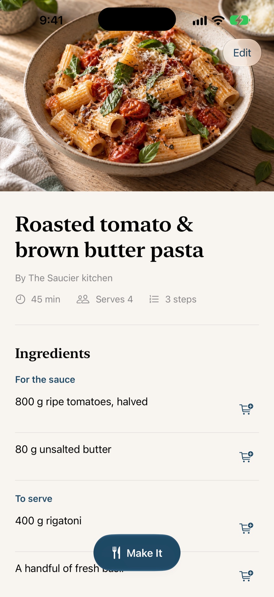 A recipe for roasted tomato and brown butter pasta open in Saucier, showing the photo, cooking time, servings and a grouped ingredient list.